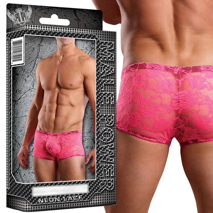 Male Power Hot Pink Neon Lace Mini Short - Image 3