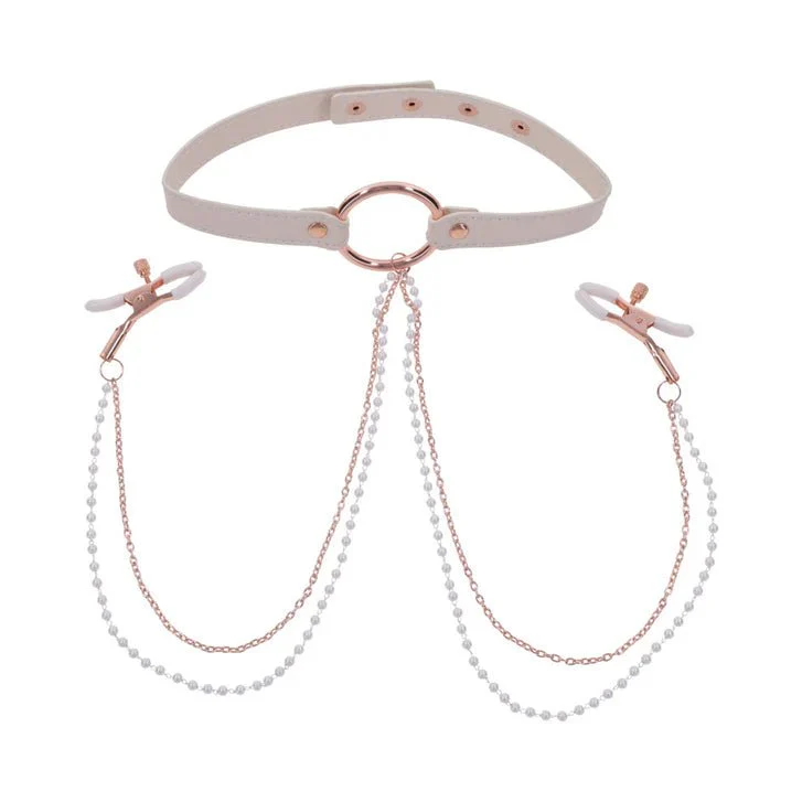 Peaches 'n CreaMe BDSM Collar with Rose Gold Nipple Clamps