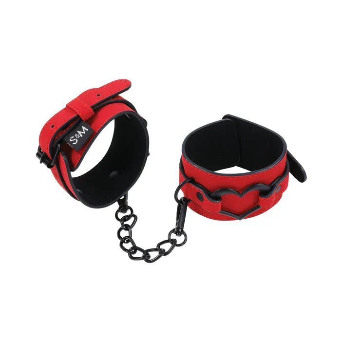Sportsheets Amor Red Vegan Leather Handcuffs with Black Metal Heart - Image 3